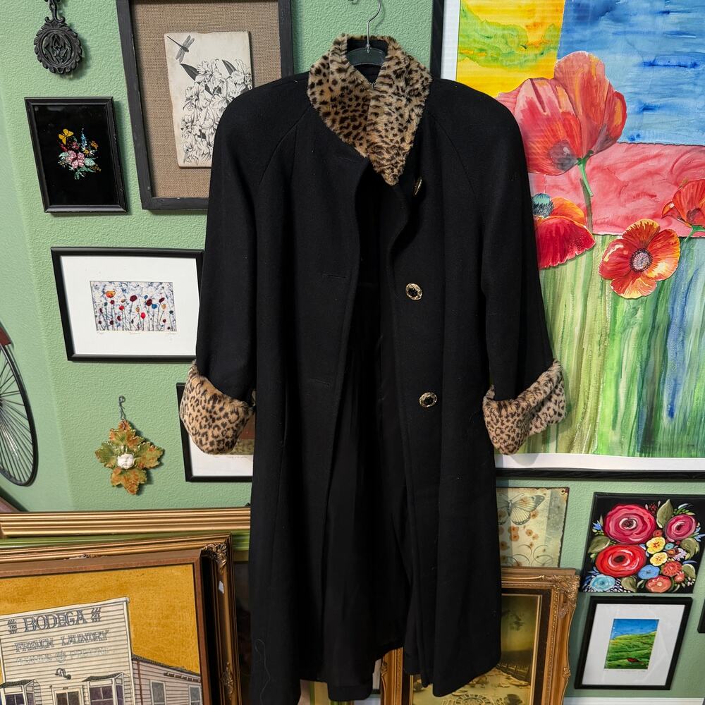 Russell Scott Long Coat Women Size XL Black Wool Faux Fur Leopard Trim Overcoat